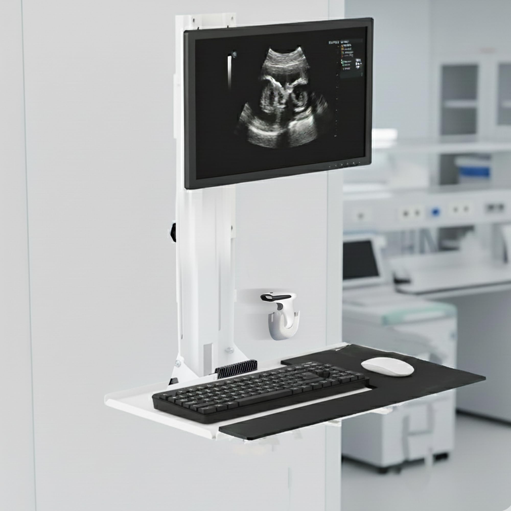Mount Plus MED01 Medical Monitor and Keyboard Wall Mount For 17" to 32" Display with Height Adjustable Standing Keyboard Tray And Mouse Pad | Scanner Holder | Desktop Computer Mount