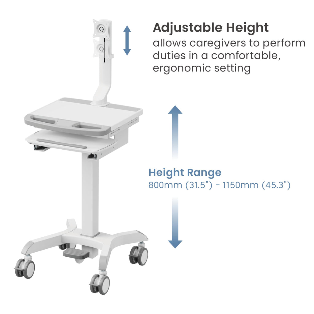 Mount Plus MB-C12 Mobile Height Adjustable Medical Workstation Cart with Retractable Keyboard, Mouse Tray, Large Tabletop (19.7" x19.3), Swivel Locking Casters for Hospitals, Dental and Clinic