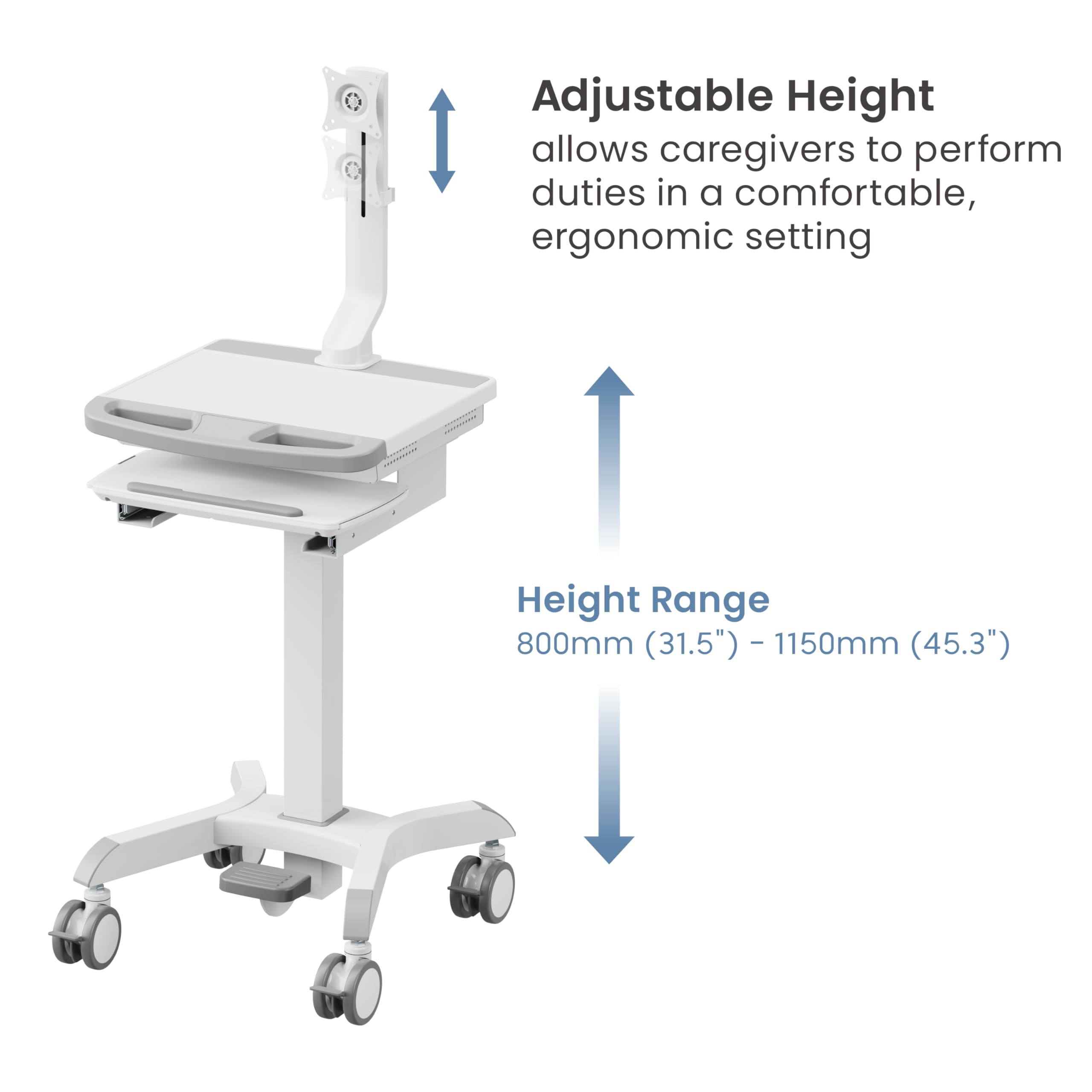 Mount Plus MB-C12 Mobile Height Adjustable Medical Workstation Cart with Retractable Keyboard, Mouse Tray, Large Tabletop (19.7" x19.3), Swivel Locking Casters for Hospitals, Dental and Clinic