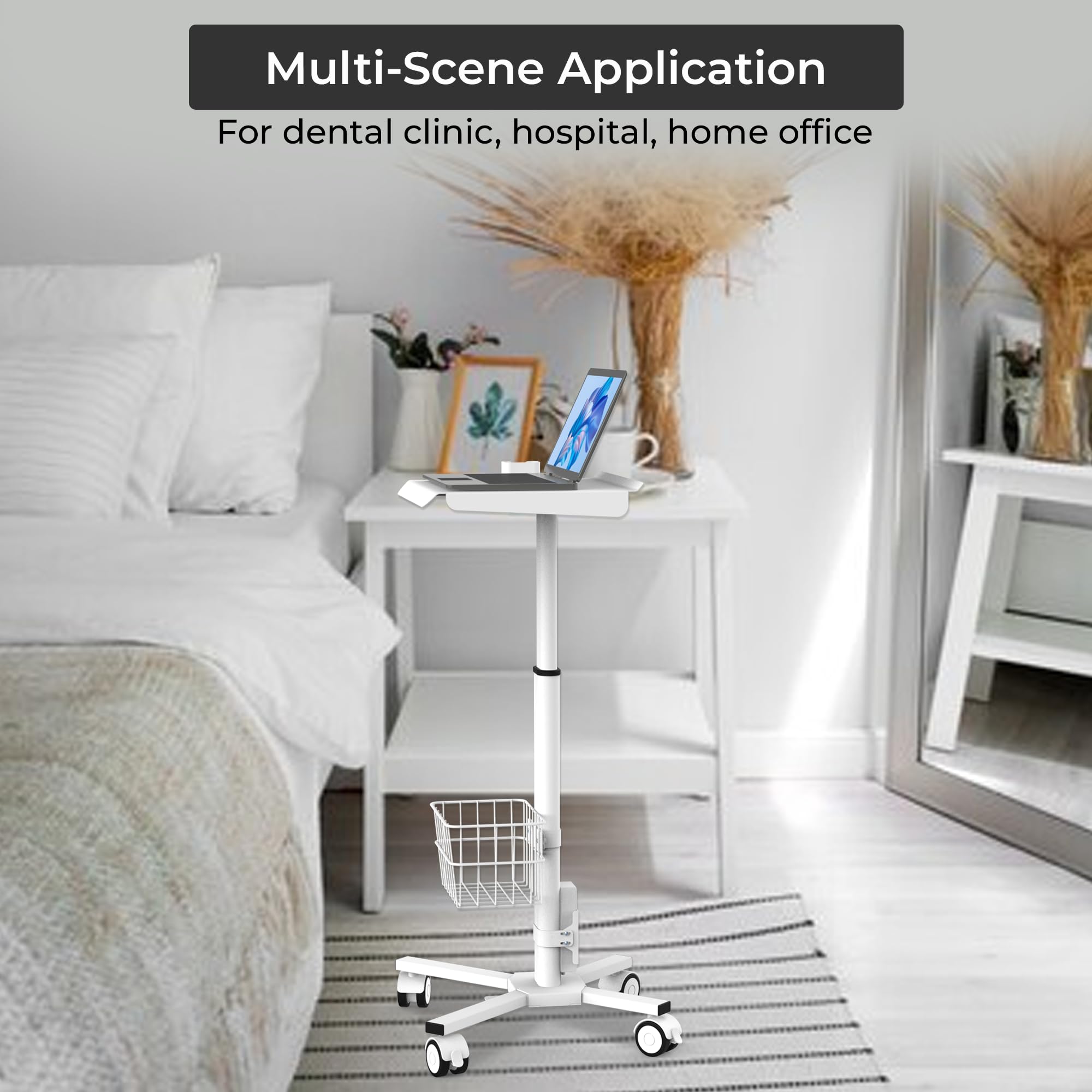 Mount Plus MB-C05 Medical Laptop Workstation Trolley Cart with Wheels, Oral Scanner Holder, Basket Storage | Height Adjustable Rolling Lab Cart with Large Tabletop for Dental Office, Hospital, Clinic