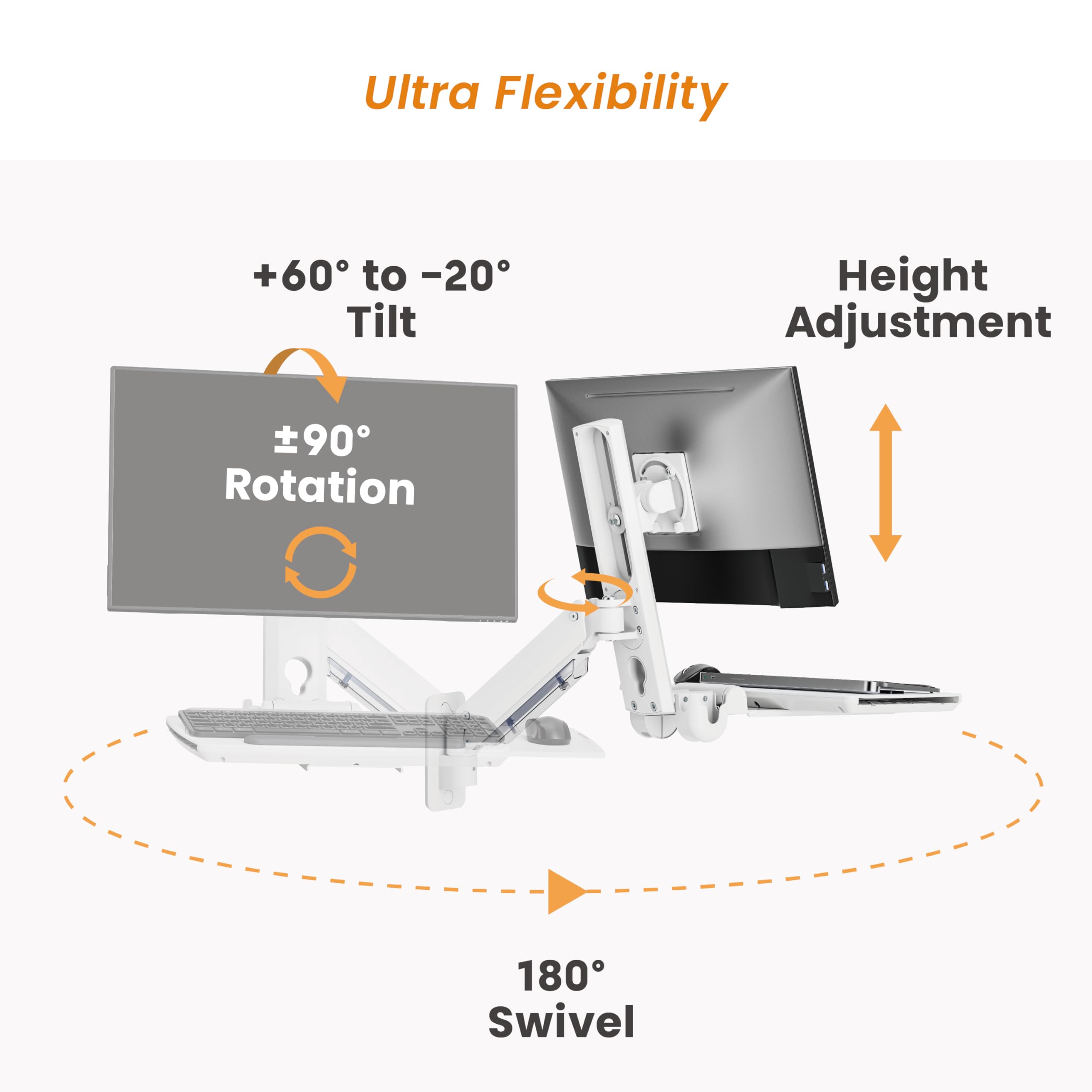 MED2H Heavy Duty Medical Wall Mount Workstation with Folding Keyboard Tray and Sliding Mouse Pad | Height Adjustment Space Save Folding Design for 17"-49" Screen Up to 44 lbs | Oral Scanner Holder