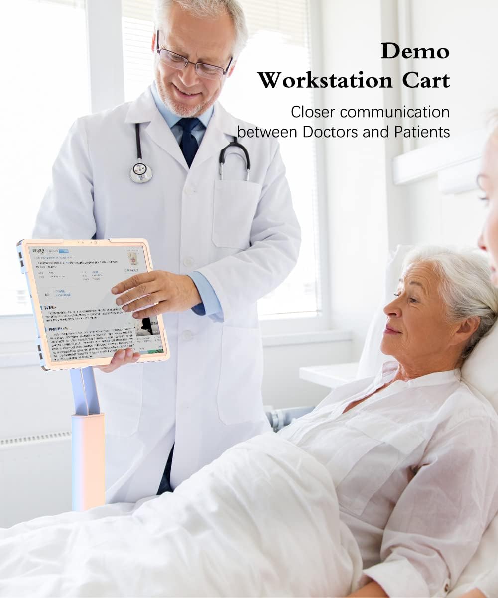 Mount Plus C01 Height Adjustable Mobile Medical Tablet Cart with Wheels and Tablet Enclosure Basket Storage | Medical Trolley for Hospital Clinic Beauty Salon | Pneumatic Mobile iPad Workstation