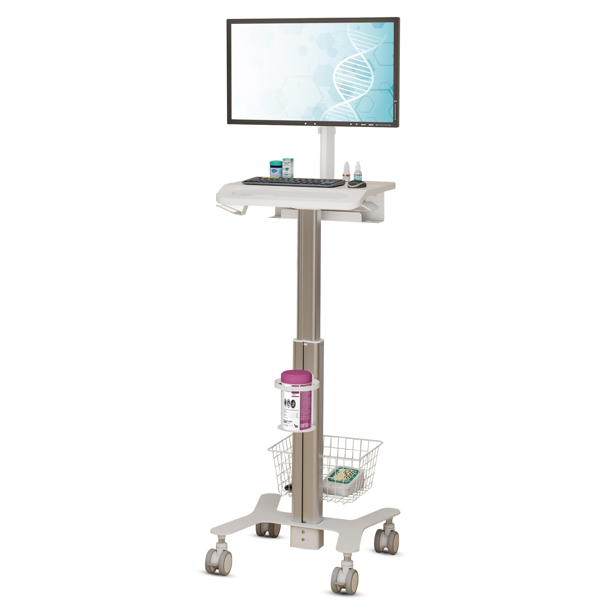MB-C10 Medical Trolley Cart for Monitor Desktop with Keyboard Table, Basket, Wipe Holder, Scanner Holder for Hospital Clinic Dental Office | Height Adjustable Mobile Workstation | Mini CPU Mount