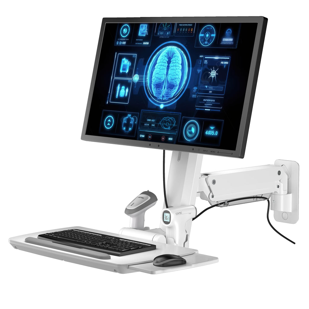 MED02 Medical Wall Mount Workstation with Folding Keyboard Tray | Large Sliding Mouse Pad | Height Adjustment Space Save Folding Design for 17"-35" Screen | Scanner Holder | Mini CPU Mount