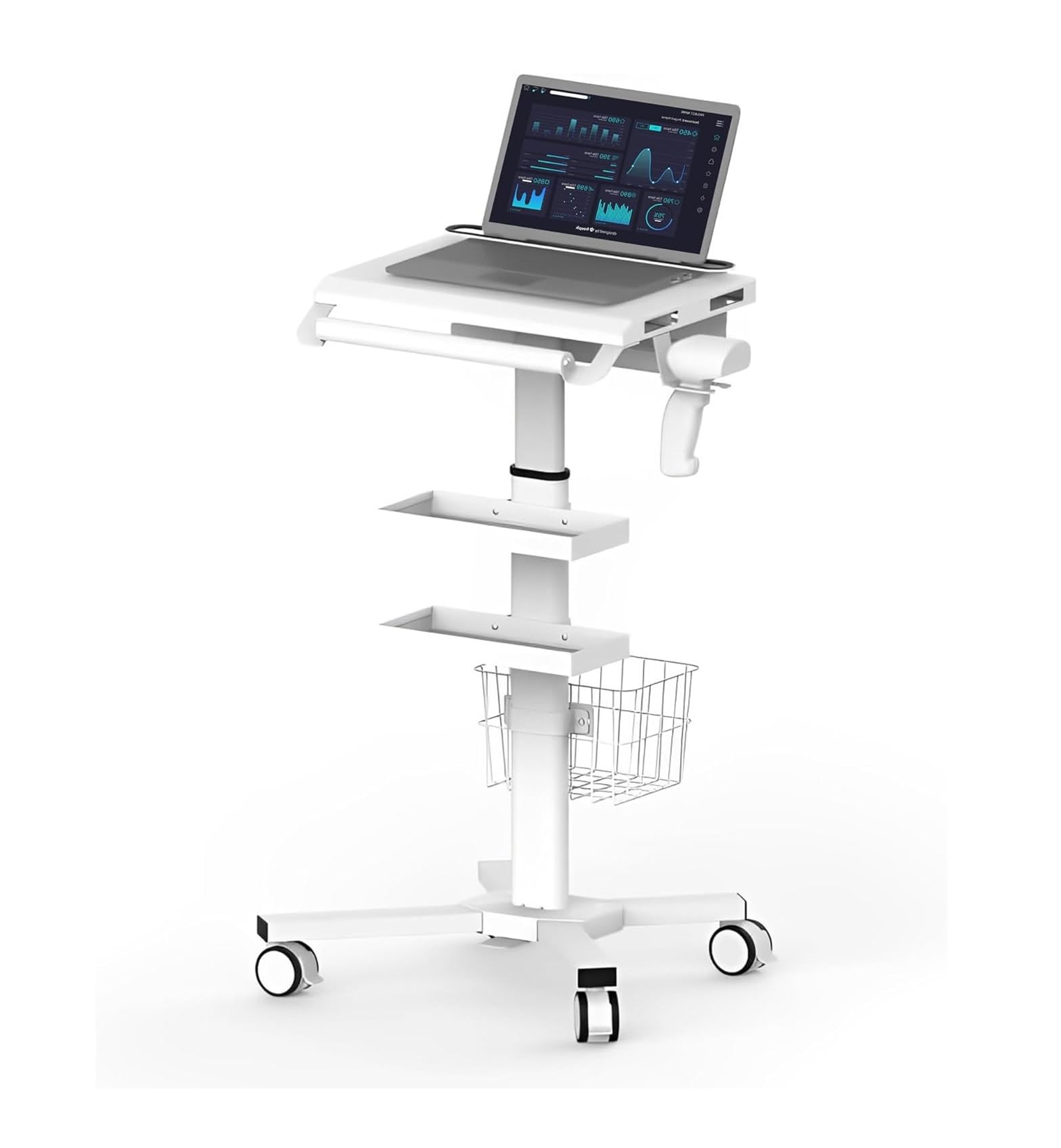 MB-C07 Height Adjustable, Anti-Theft, Anti-Slip Medical Laptop Workstation Trolley Cart With Wheels, Oral Scanner Holder, Basket Storage, Dual Tray | Large Tabletop for Dental Office, Hospital, Clinic