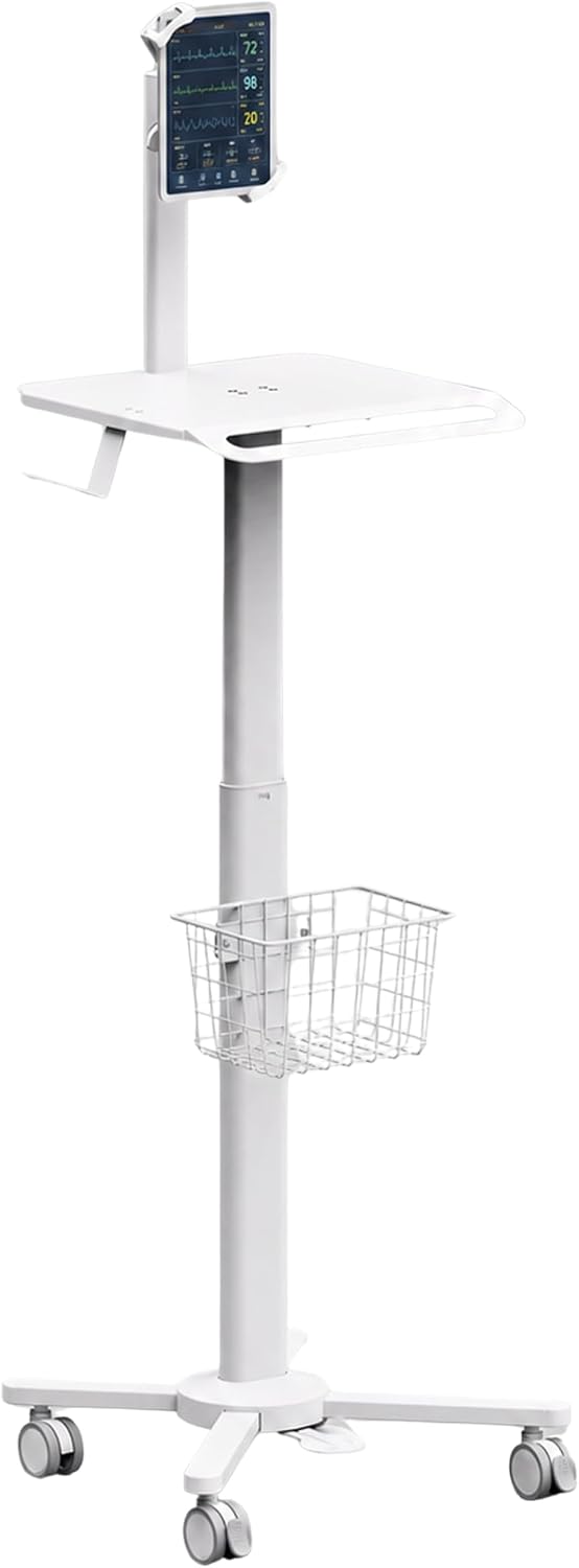 MB-C13-5 Height Adjustable Lightweight Anti-Theft Medical Trolley Cart for IPAD, Tablet (7.9"-12.5") with Keyboard Table, Basket, Scanner Holder for Hospital Clinic Dental Office Home Office