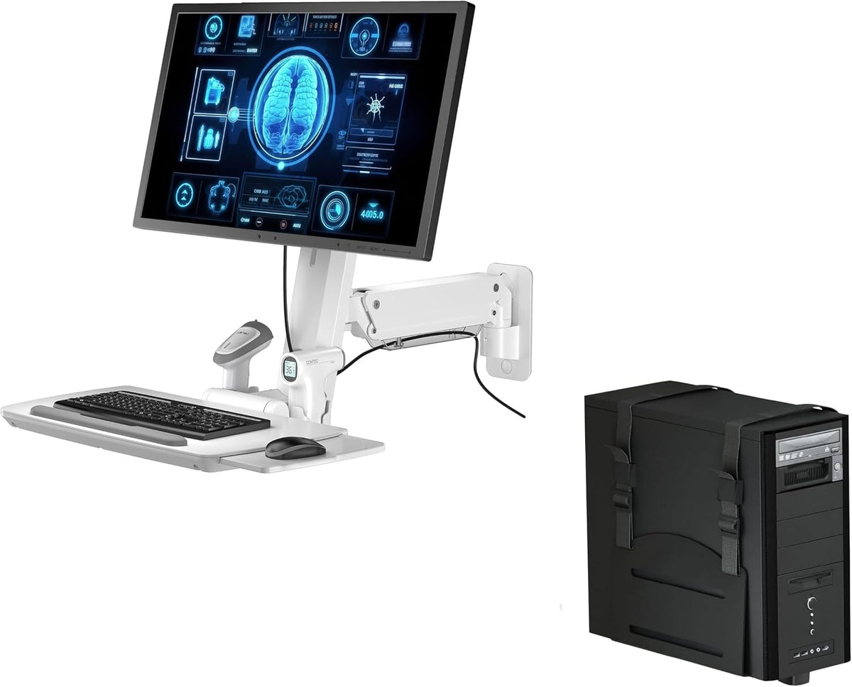MED02-C2 Medical Wall Mount Workstation with Folding Keyboard Tray | Large Sliding Mouse Pad | Height Adjustment Space Save Folding Design for 17"-35" Screen | Scanner Holder With CPU Wall Mount