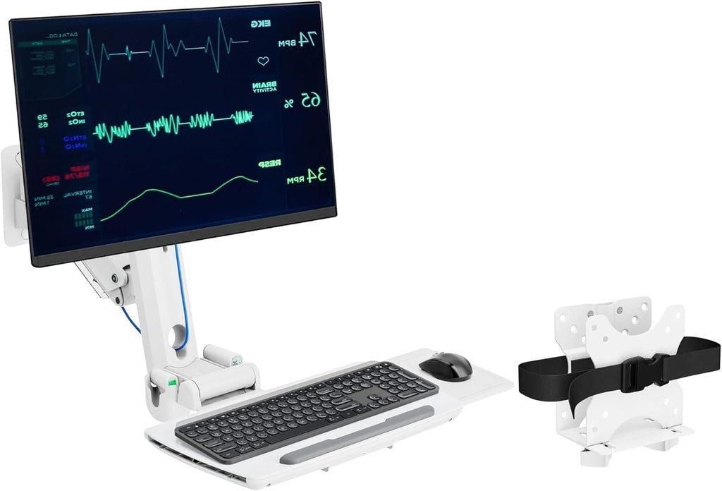 MED2H-C1  Heavy Duty Medical Wall Mount Workstation with Folding Keyboard Tray and Sliding Mouse Pad | Height Adjustment Space Save Folding Design for 17"-49" Screen Up to 44 lbs | Oral Scanner | Mini CPU