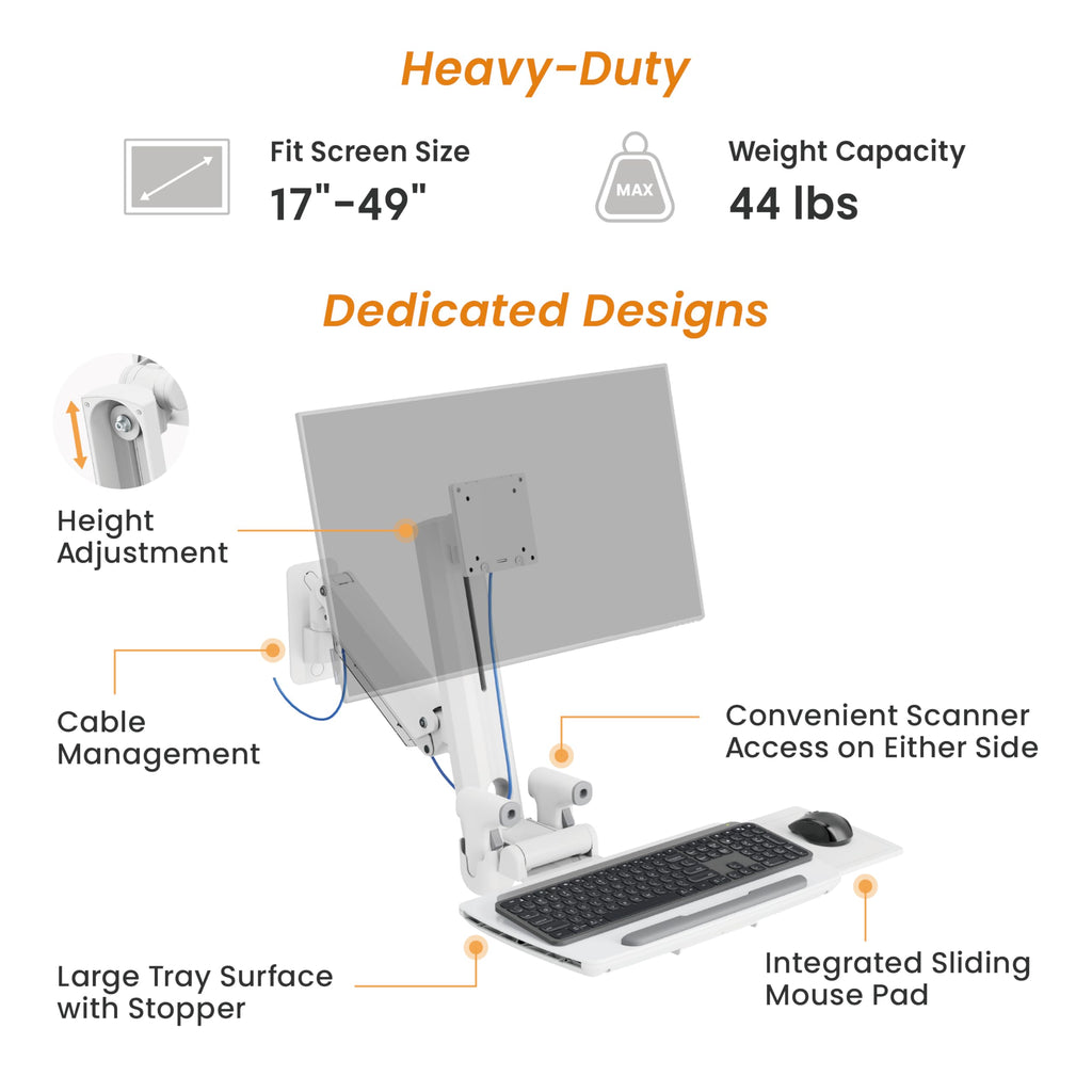MED2H Heavy Duty Medical Wall Mount Workstation with Folding Keyboard Tray and Sliding Mouse Pad | Height Adjustment Space Save Folding Design for 17"-49" Screen Up to 44 lbs | Oral Scanner Holder