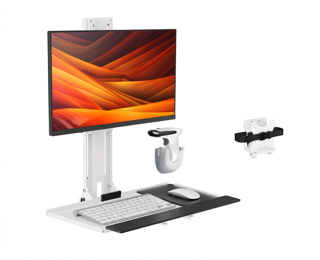 Mount Plus MED01 Medical Monitor and Keyboard Wall Mount For 17" to 32" Display with Height Adjustable Standing Keyboard Tray And Mouse Pad | Scanner Holder | Mini CPU Mount