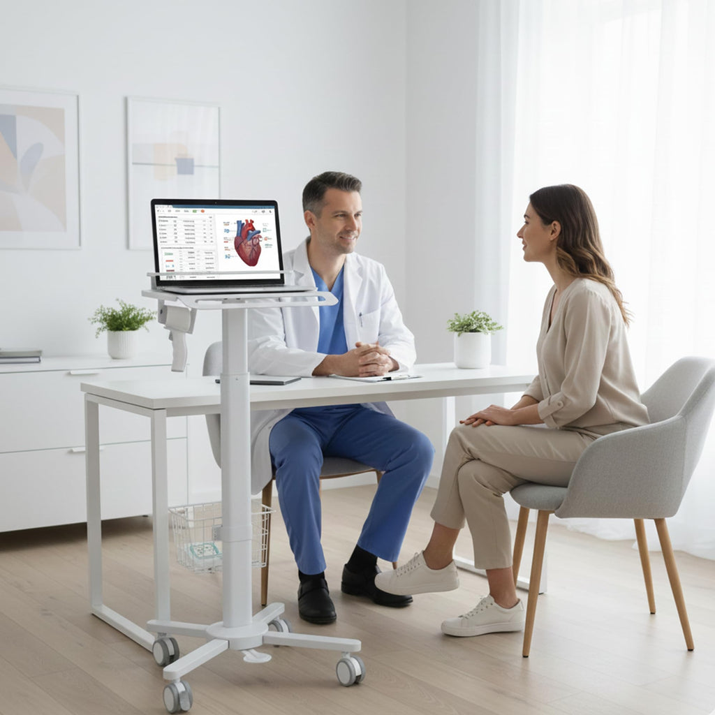 MB-C13-4 Height Adjustable, Lightweight, Anti-Theft, Anti-Slip Medical Laptop Workstation Trolley Cart with Wheels, Oral Scanner Holder, Basket Storage | Tabletop for Dental Office, Hospital, Clinic