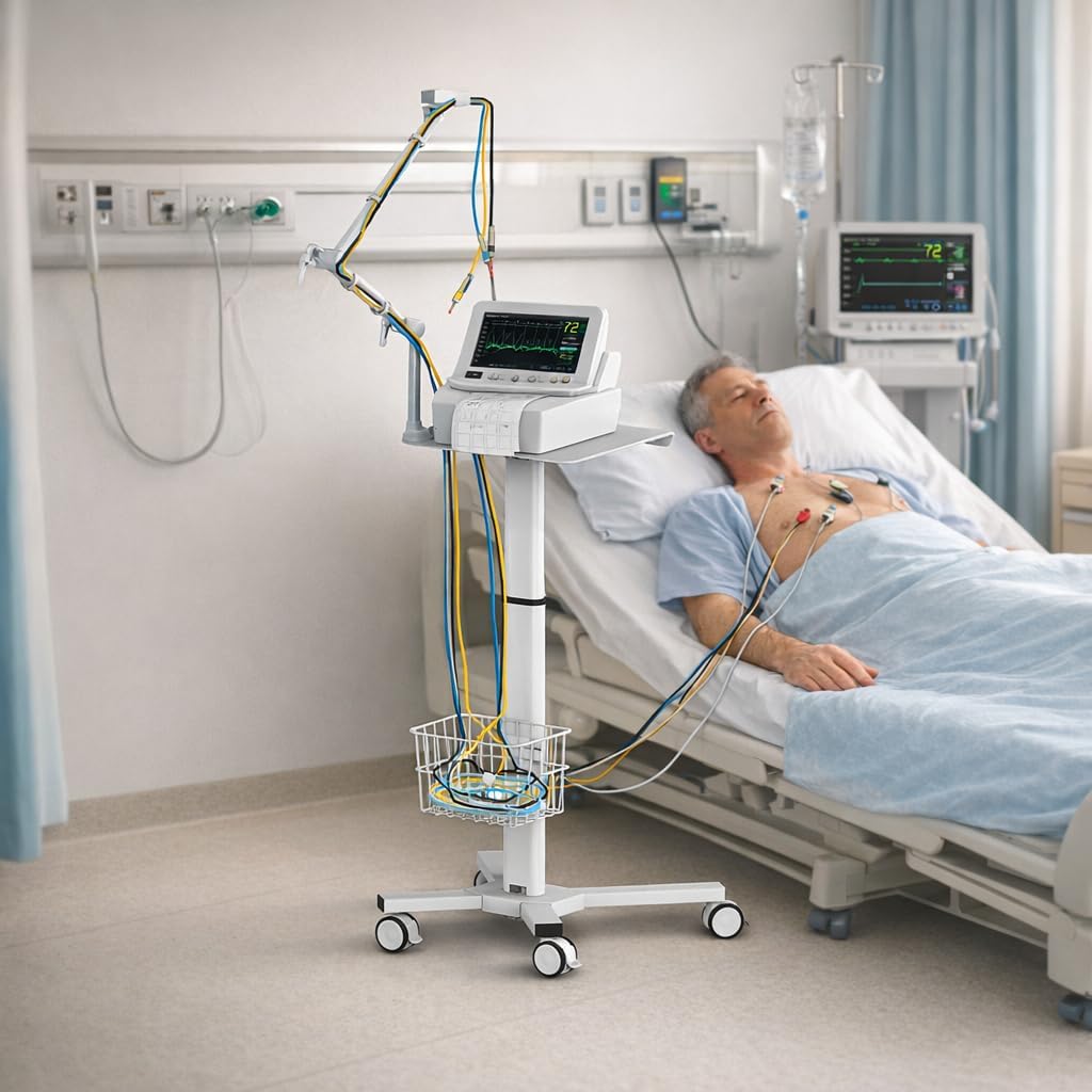 Mount Plus MB-X5 Height-Adjustable Mobile Medical Trolley for ECG Devices with Cable Arm and Storage Basket