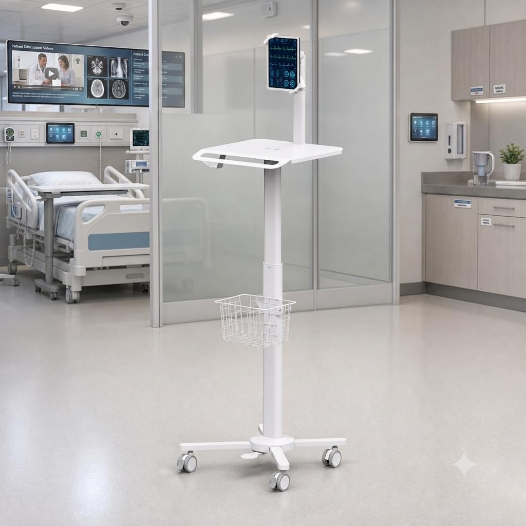 MB-C13-5 Height Adjustable Lightweight Anti-Theft Medical Trolley Cart for IPAD, Tablet (7.9"-12.5") with Keyboard Table, Basket, Scanner Holder for Hospital Clinic Dental Office Home Office