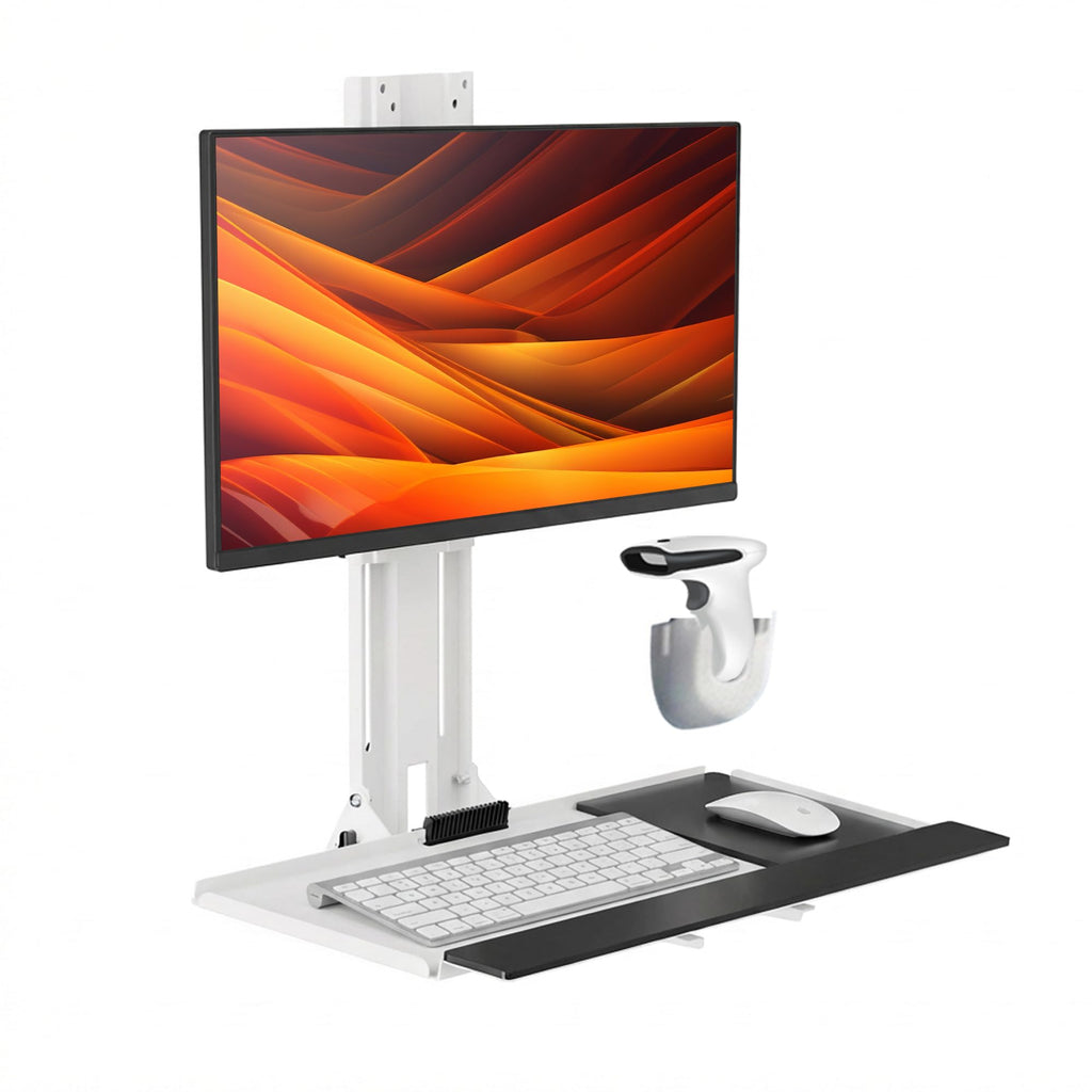 Mount Plus MED01 Medical Monitor and Keyboard Wall Mount For 17" to 32" Display with Height Adjustable Standing Keyboard Tray | Wide Platform with Mouse Pad | Wall Mount Scanner Holder