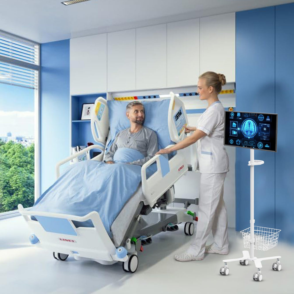 Mount Plus C09 Height Adjustable Mobile Medical Computer Monitor Display Cart with Wheels and Basket Storage | Medical Trolley for Hospital Clinic lab Beauty Salon | Pneumatic Mobile Workstation