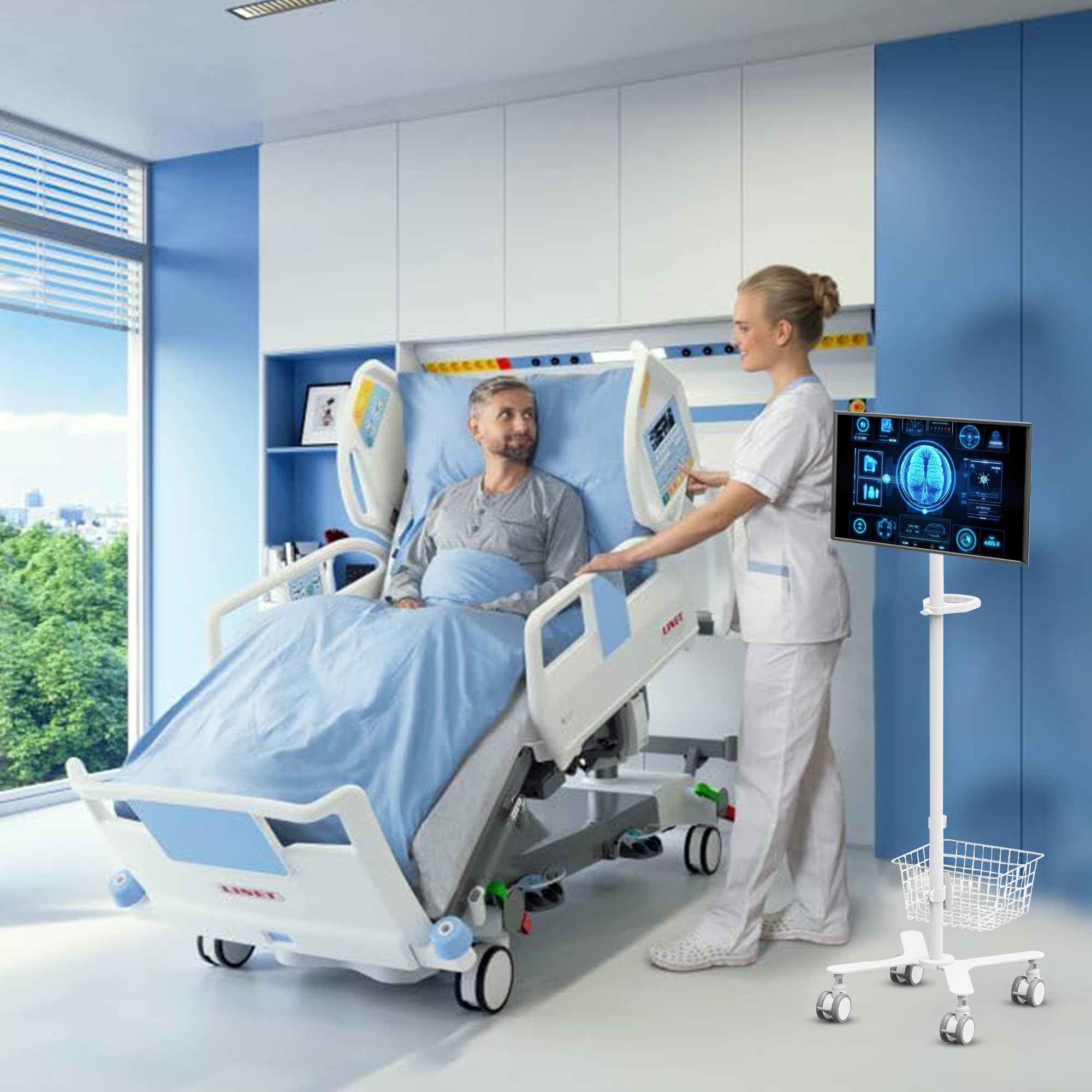 Mount Plus C09 Height Adjustable Mobile Medical Computer Monitor Display Cart with Wheels and Basket Storage | Medical Trolley for Hospital Clinic lab Beauty Salon | Pneumatic Mobile Workstation