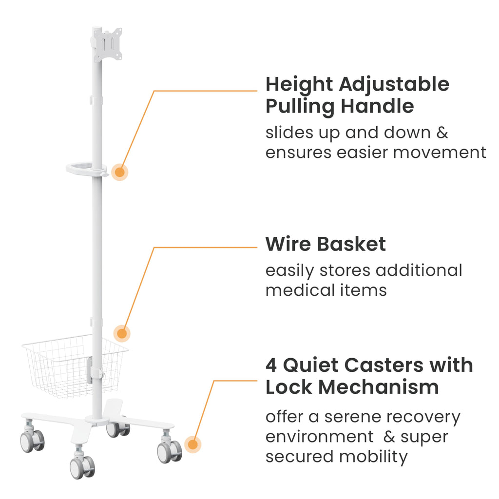 Mount Plus C09 Height Adjustable Mobile Medical Computer Monitor Display Cart with Wheels and Basket Storage | Medical Trolley for Hospital Clinic lab Beauty Salon | Pneumatic Mobile Workstation
