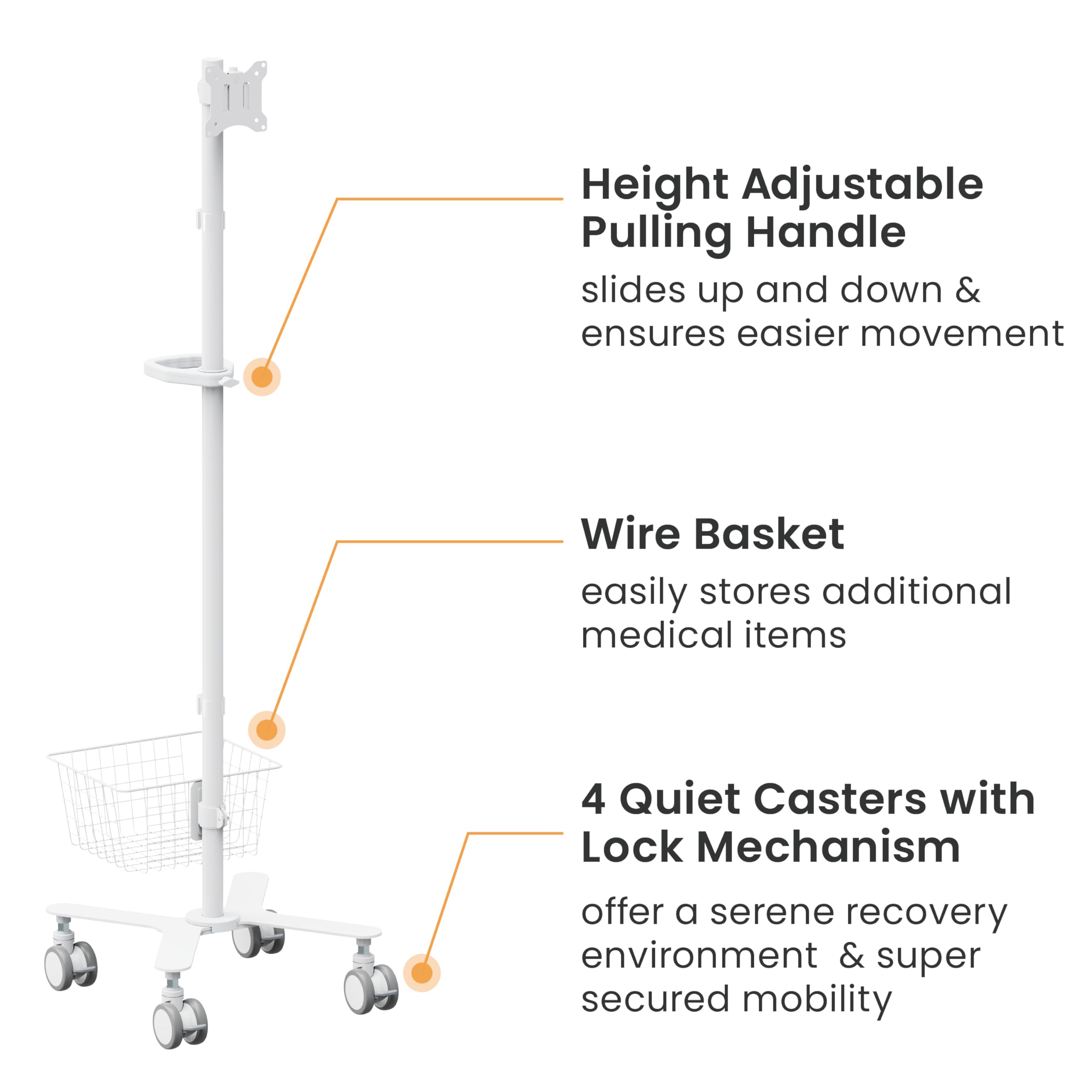 Mount Plus C09 Height Adjustable Mobile Medical Computer Monitor Display Cart with Wheels and Basket Storage | Medical Trolley for Hospital Clinic lab Beauty Salon | Pneumatic Mobile Workstation