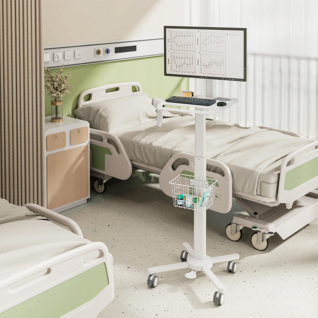 MB-C13-2C Lightweight Medical Trolley Cart for 17" to 32" Monitor with Keyboard Table, Basket, Scanner Holder for Hospital Clinic Dental Office Home Office | Height Adjustable with Mini CPU Mount