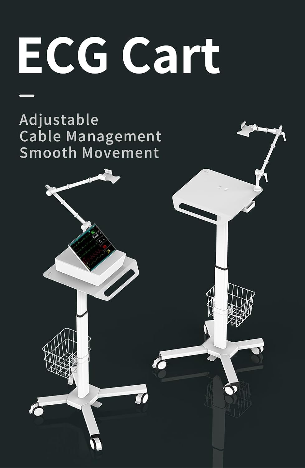 Mount Plus MB-X5 Height-Adjustable Mobile Medical Trolley for ECG Devices with Cable Arm and Storage Basket
