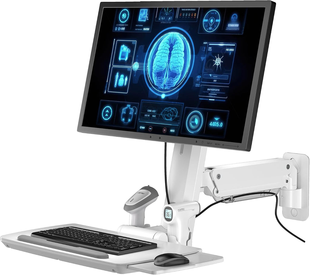 MED02-C2 Medical Wall Mount Workstation with Folding Keyboard Tray | Large Sliding Mouse Pad | Height Adjustment Space Save Folding Design for 17"-35" Screen | Scanner Holder With CPU Wall Mount