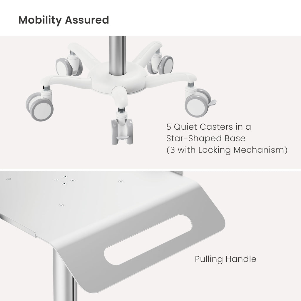Mount Plus MB-C14 Medical Mobile Trolley with Wheels 33.1"-45.3" Height Adjustable Steel Dental Cart Rolling Ultrasound Lab Cart with 16.3"× 15.1" Large Tabletop | Scanner Holders