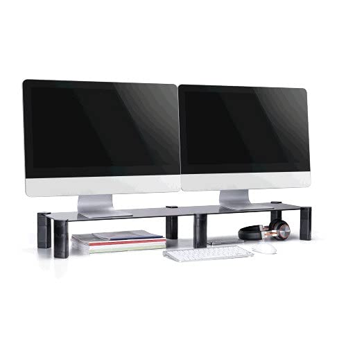 Mount Plus MP-AMS-12 40" Extra Long Monitor Tempered Glass Height Adjustable Riser | Dual Monitor Riser | Multi-Purpose Desktop Organizer Riser for Computer, Laptop and Speakers