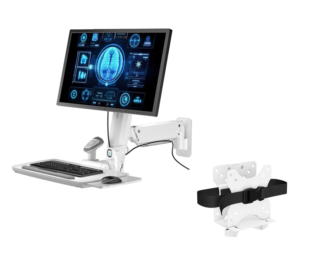 MED02 Medical Wall Mount Workstation with Folding Keyboard Tray | Large Sliding Mouse Pad | Height Adjustment Space Save Folding Design for 17"-35" Screen | Scanner Holder | Mini CPU Mount