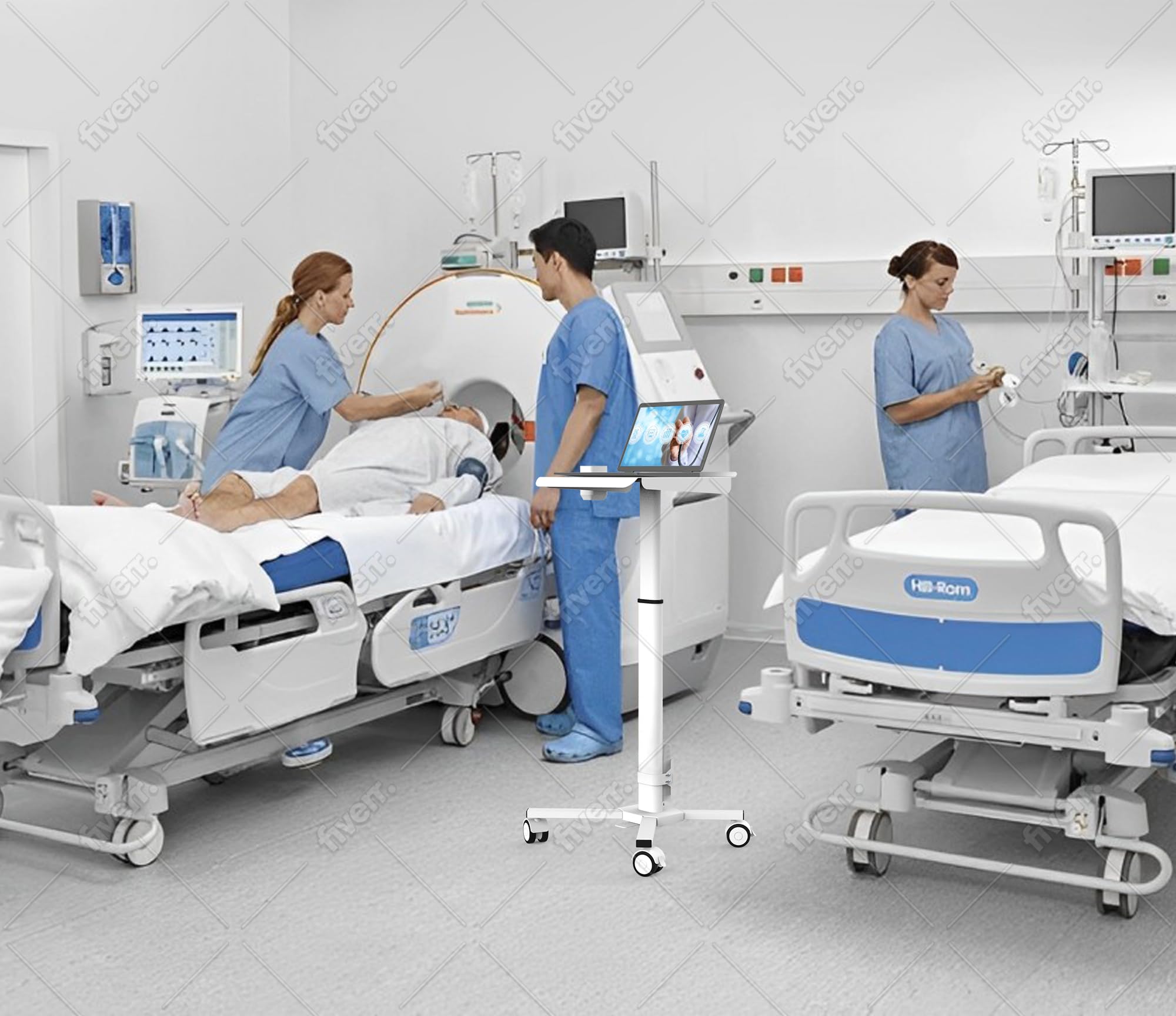 MB-C05N Medical Laptop Workstation Trolley Cart with Wheels, Oral Scanner Holder | Height Adjustable Rolling Lab Cart with Large Tabletop for Dental Office, Hospital, Clinic (No Basket)
