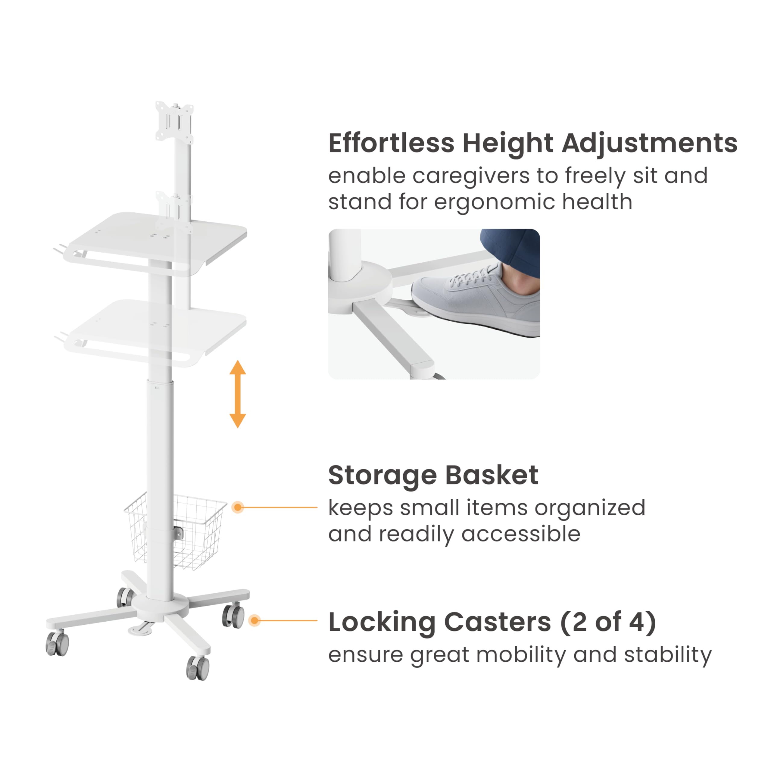 MB-C13-2T Lightweight Medical Trolley Cart for IPAD, Tablet with Keyboard Table, Basket, Scanner Holder for Hospital Clinic Dental Office Home Office | Height Adjustable Mobile Workstation