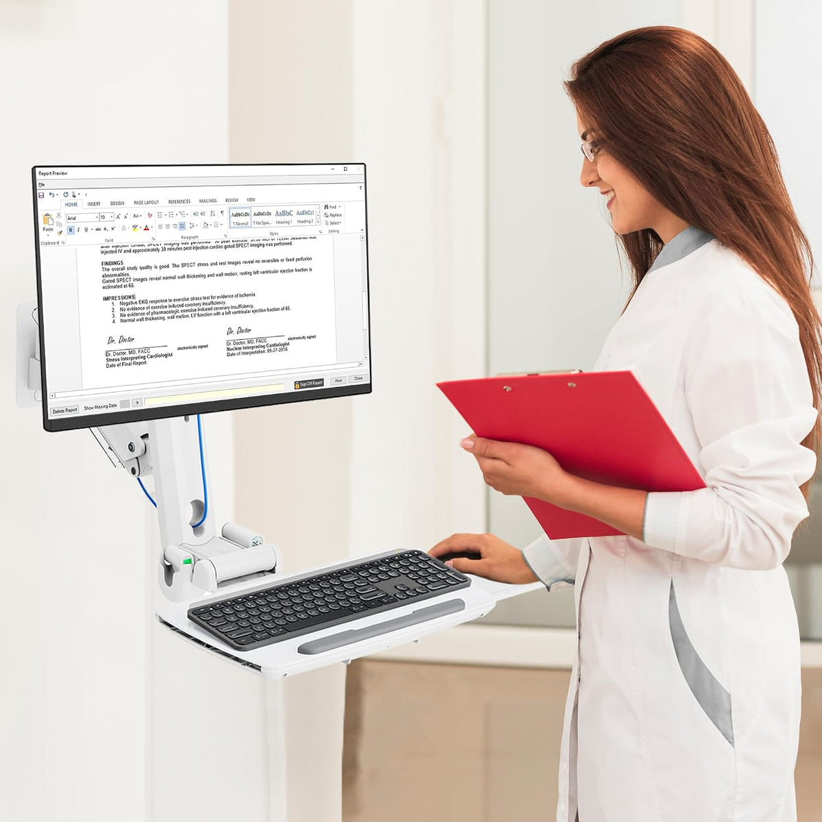 MED2H-C1  Heavy Duty Medical Wall Mount Workstation with Folding Keyboard Tray and Sliding Mouse Pad | Height Adjustment Space Save Folding Design for 17"-49" Screen Up to 44 lbs | Oral Scanner | Mini CPU