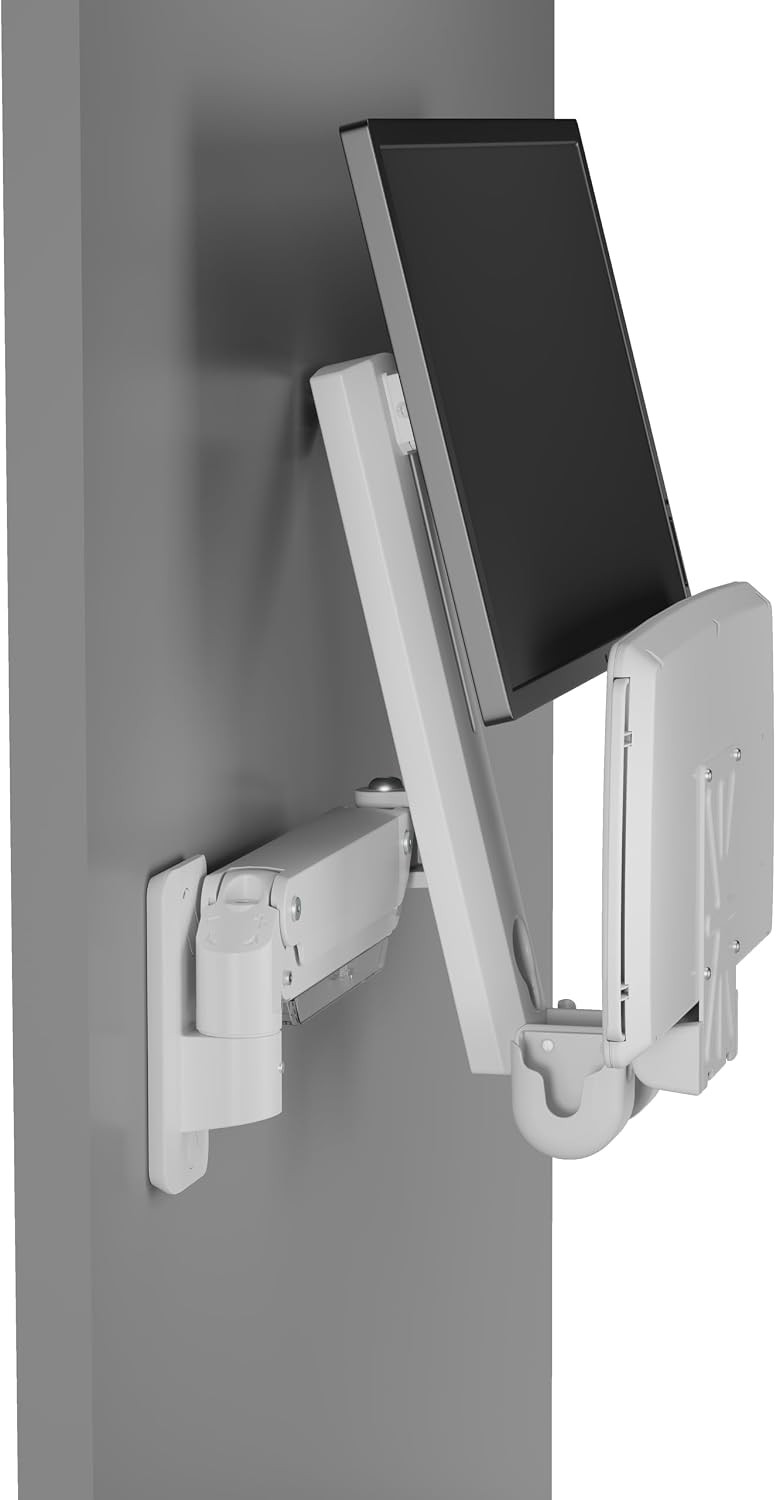 MED02-C2 Medical Wall Mount Workstation with Folding Keyboard Tray | Large Sliding Mouse Pad | Height Adjustment Space Save Folding Design for 17"-35" Screen | Scanner Holder With CPU Wall Mount
