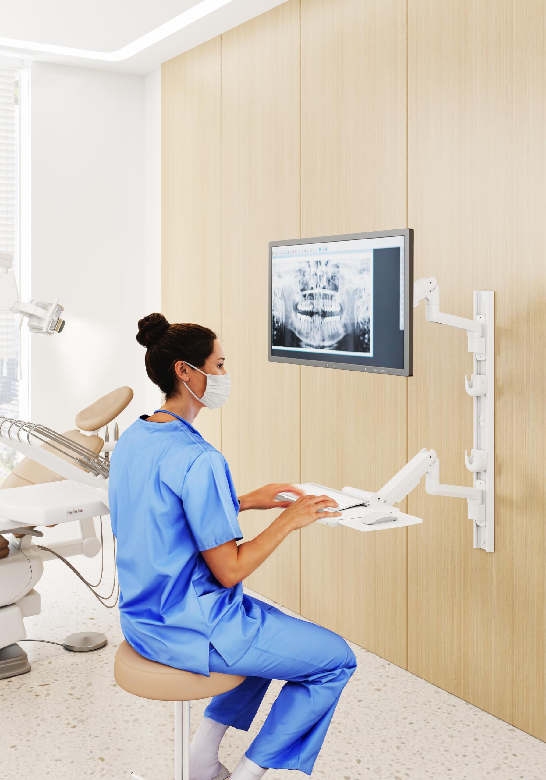 MED10 Medical Monitor Wall Mount with Folding Keyboard Tray and Mouse Pad | Scanner Holder | Heavy Duty Height Adjustment Folding Design for 17"-49" Monitor On Wall Track with Mini CPU Wall Mount