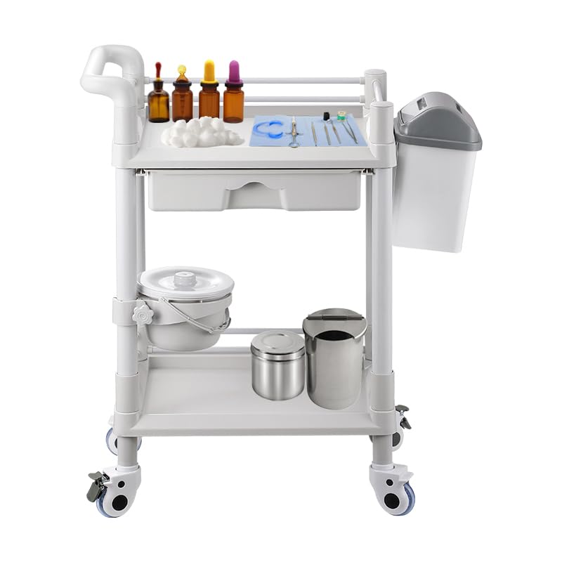 Mount Plus MT01 2 Tier Mobile Medical Cart Trolley with Drawer, Trash Cans, Waste Bowl | Beauty Salon Rolling Trolley with 360° Rotate Wheels | Heavy Duty Utility Cart for Hospital Dental Clinic