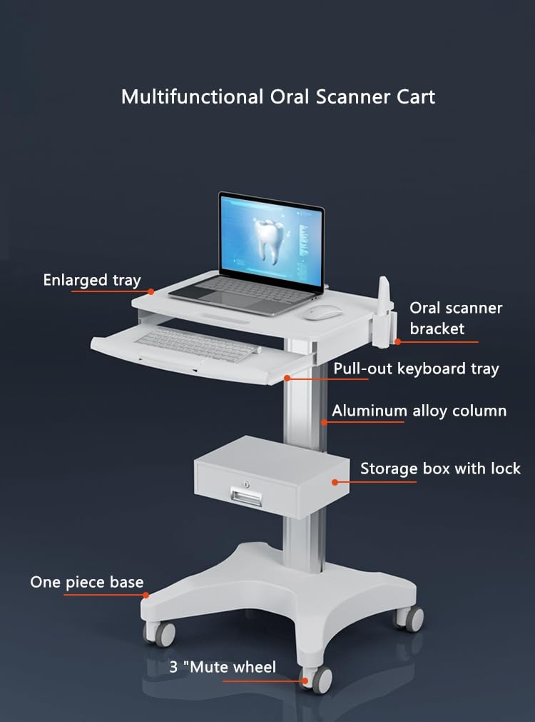 Mount Plus MB-C03 Lockable Wheels Aluminum Structure Medical Laptop Trolley Cart with Large Tabletop, Oral Scanner Holder, Keyboard Holder and Storage Box for Dental Office, Hospital, Clinic and Home