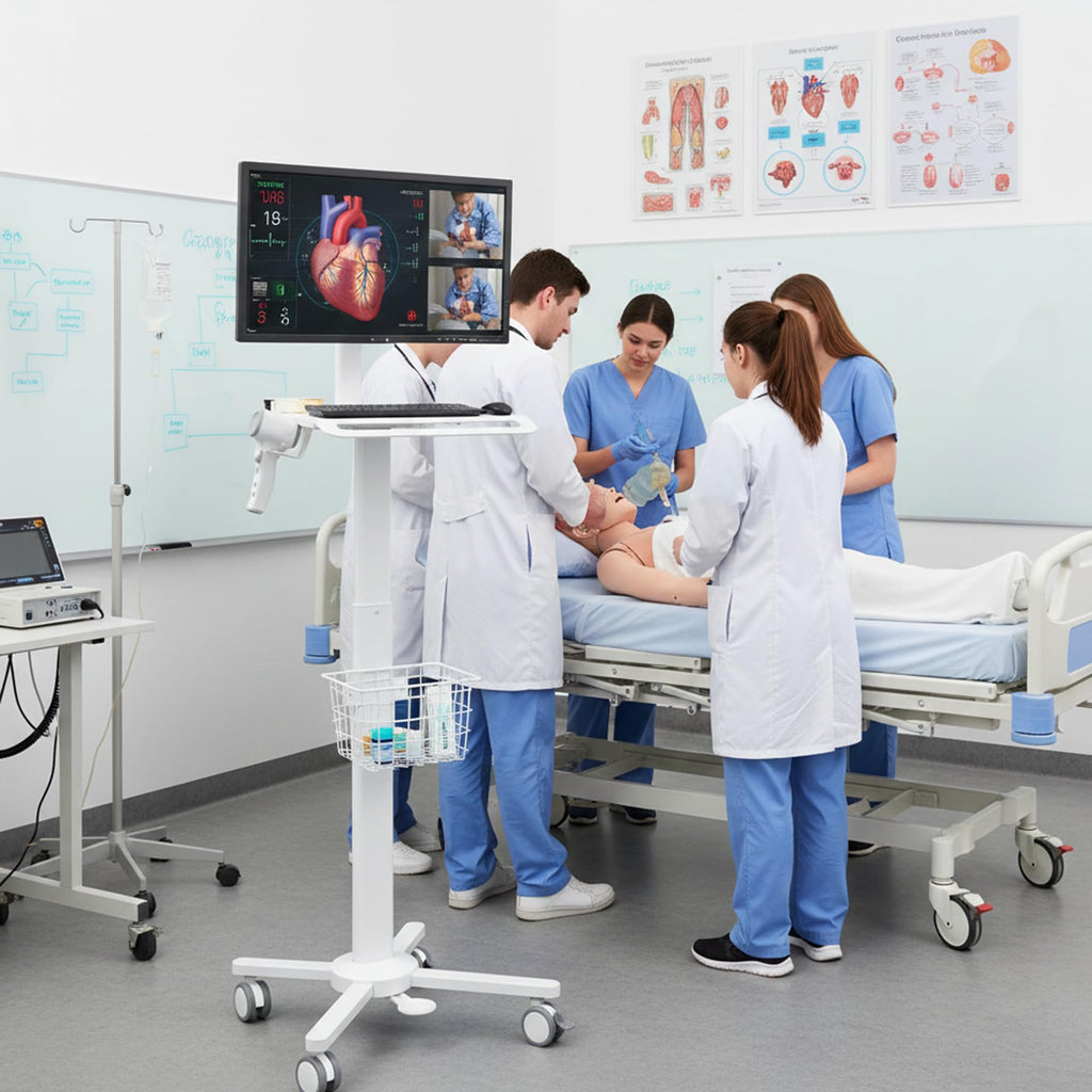 MB-C13-2C Lightweight Medical Trolley Cart for 17" to 32" Monitor with Keyboard Table, Basket, Scanner Holder for Hospital Clinic Dental Office Home Office | Height Adjustable with Mini CPU Mount