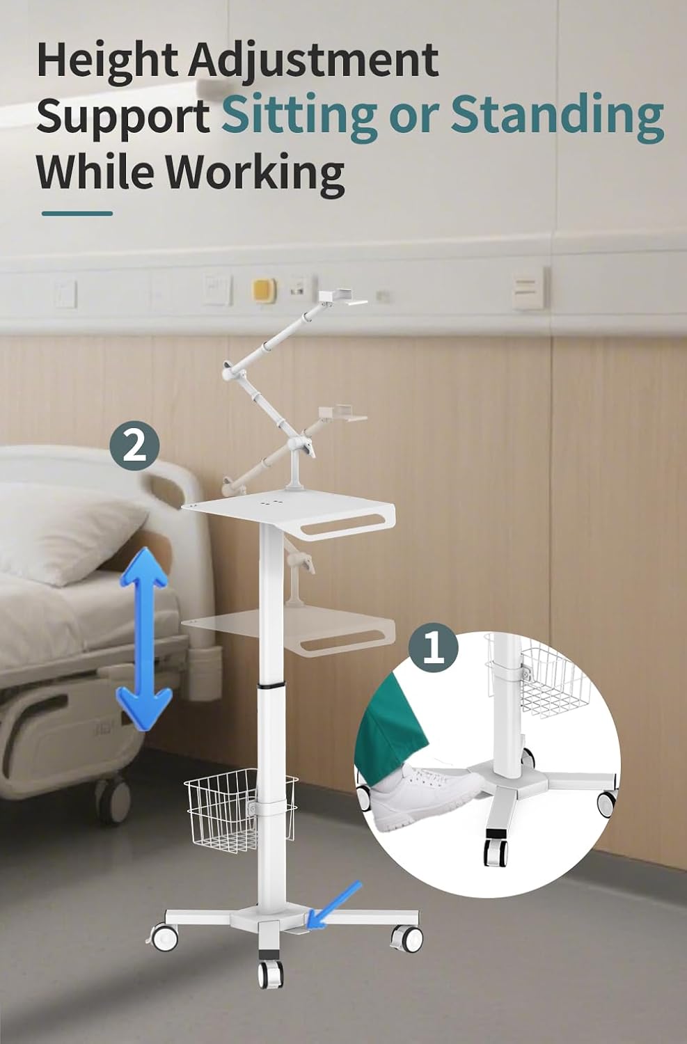 Mount Plus MB-X5 Height-Adjustable Mobile Medical Trolley for ECG Devices with Cable Arm and Storage Basket