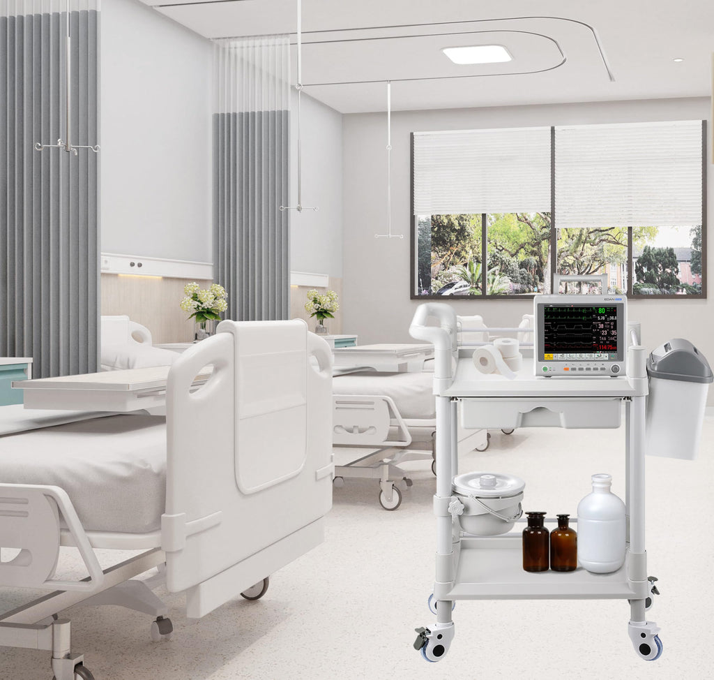 Mount Plus MT01 2 Tier Mobile Medical Cart Trolley with Drawer, Trash Cans, Waste Bowl | Beauty Salon Rolling Trolley with 360° Rotate Wheels | Heavy Duty Utility Cart for Hospital Dental Clinic