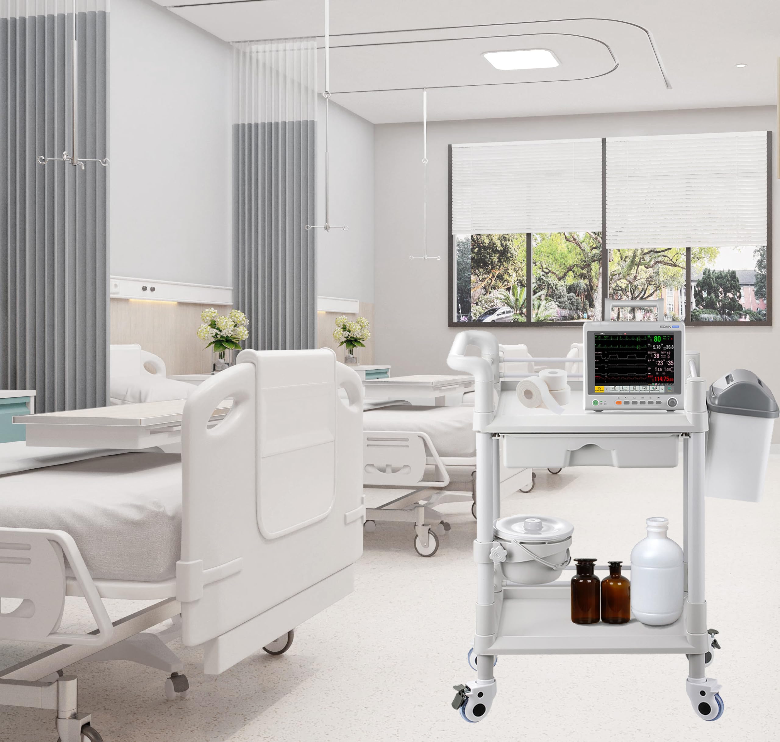Mount Plus MT01 2 Tier Mobile Medical Cart Trolley with Drawer, Trash Cans, Waste Bowl | Beauty Salon Rolling Trolley with 360° Rotate Wheels | Heavy Duty Utility Cart for Hospital Dental Clinic
