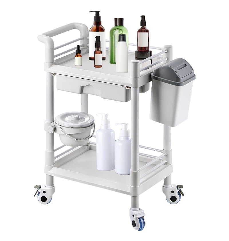 Mount Plus MT01 2 Tier Mobile Medical Cart Trolley with Drawer, Trash Cans, Waste Bowl | Beauty Salon Rolling Trolley with 360° Rotate Wheels | Heavy Duty Utility Cart for Hospital Dental Clinic