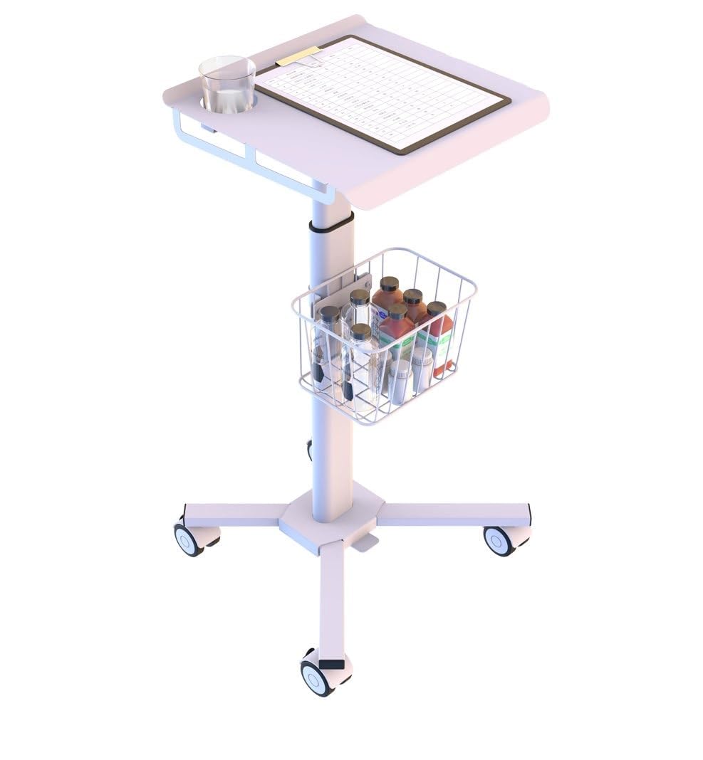 Mount Plus C01 Height Adjustable Mobile Medical Tablet Cart with Wheels and Tablet Enclosure Basket Storage | Medical Trolley for Hospital Clinic Beauty Salon | Pneumatic Mobile iPad Workstation