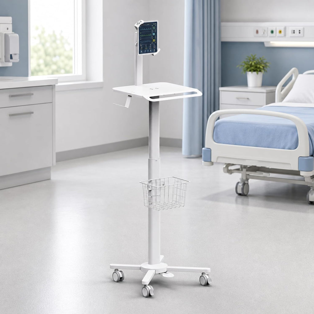 MB-C13-5 Height Adjustable Lightweight Anti-Theft Medical Trolley Cart for IPAD, Tablet (7.9"-12.5") with Keyboard Table, Basket, Scanner Holder for Hospital Clinic Dental Office Home Office