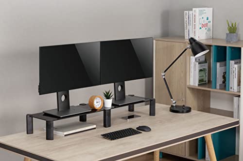 Mount Plus MP-AMS-12 40" Extra Long Monitor Tempered Glass Height Adjustable Riser | Dual Monitor Riser | Multi-Purpose Desktop Organizer Riser for Computer, Laptop and Speakers