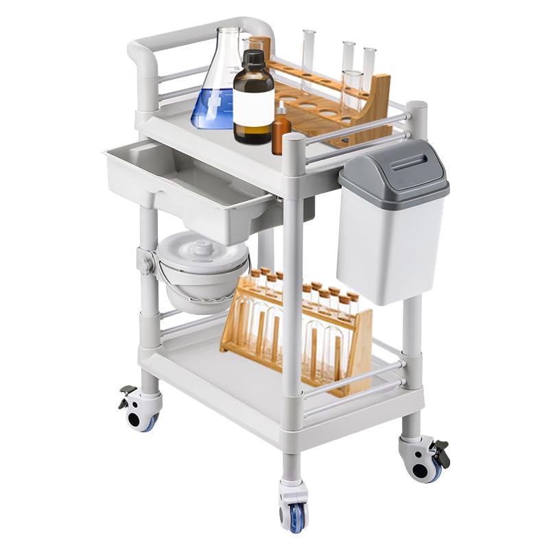 Mount Plus MT01 2 Tier Mobile Medical Cart Trolley with Drawer, Trash Cans, Waste Bowl | Beauty Salon Rolling Trolley with 360° Rotate Wheels | Heavy Duty Utility Cart for Hospital Dental Clinic