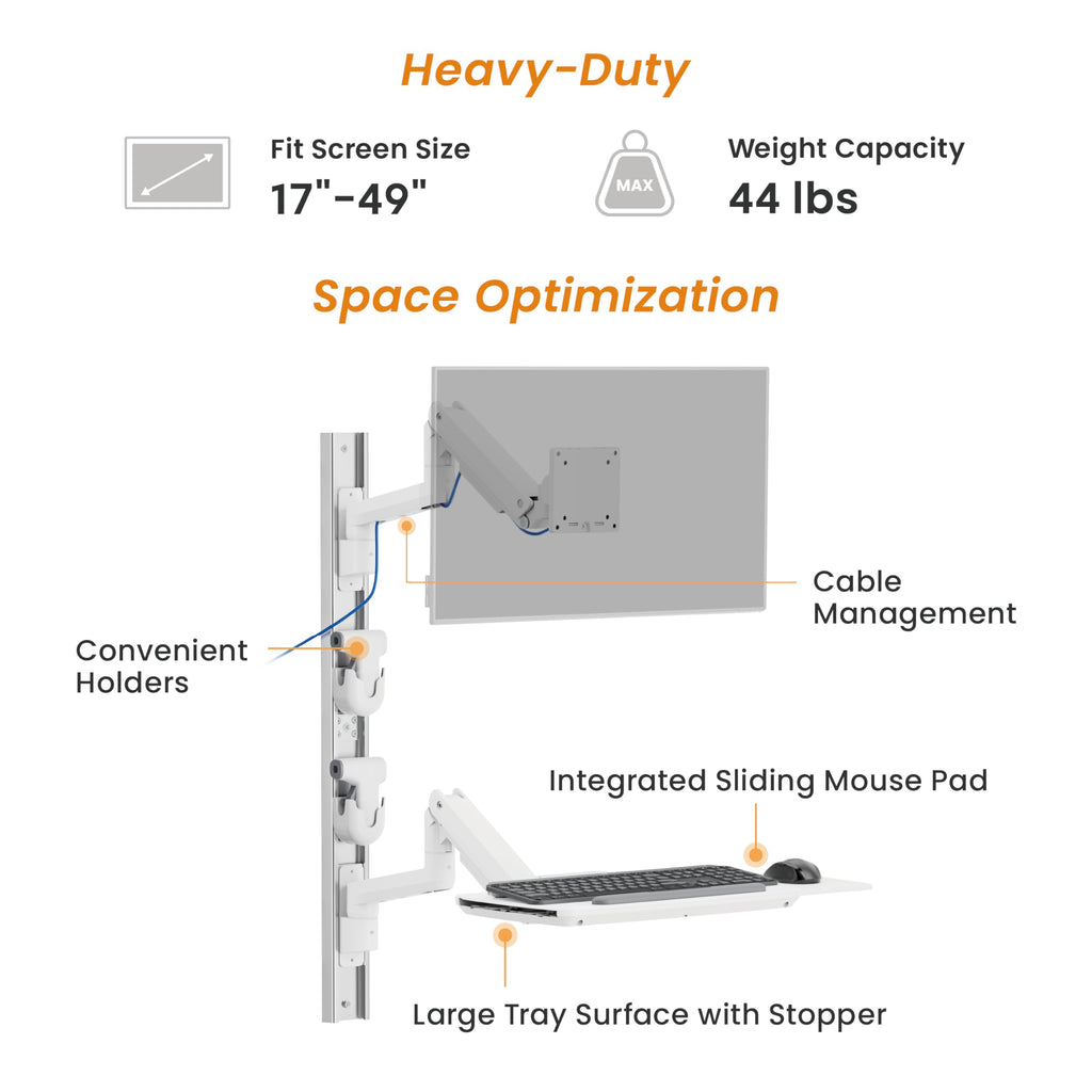 MED10 Medical Monitor Wall Mount with Folding Keyboard Tray and Mouse Pad | Scanner Holder | Heavy Duty Height Adjustment Folding Design for 17"-49" Monitor On Wall Track with Mini CPU Wall Mount