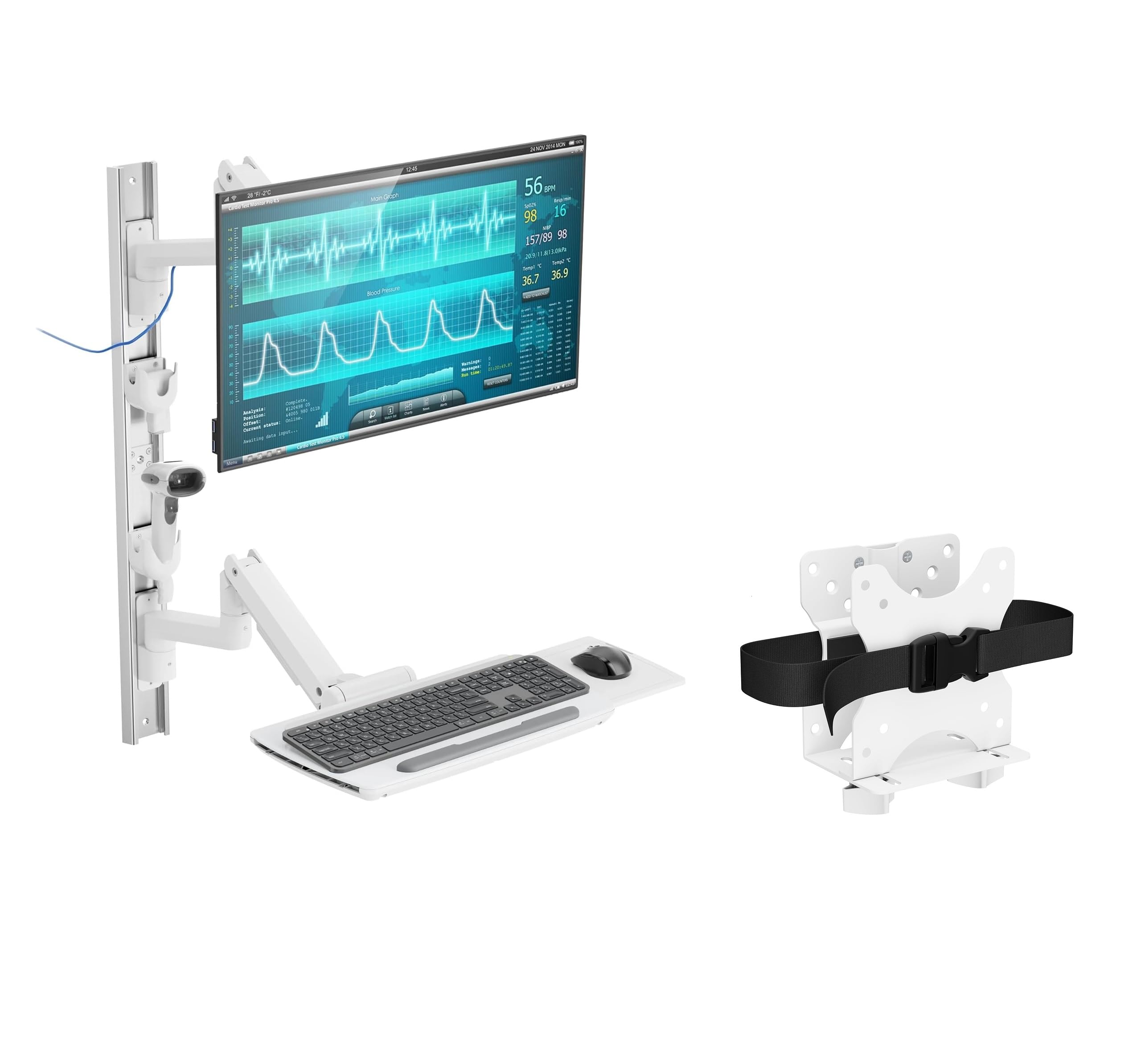 MED10 Medical Monitor Wall Mount with Folding Keyboard Tray and Mouse Pad | Scanner Holder | Heavy Duty Height Adjustment Folding Design for 17"-49" Monitor On Wall Track with Mini CPU Wall Mount