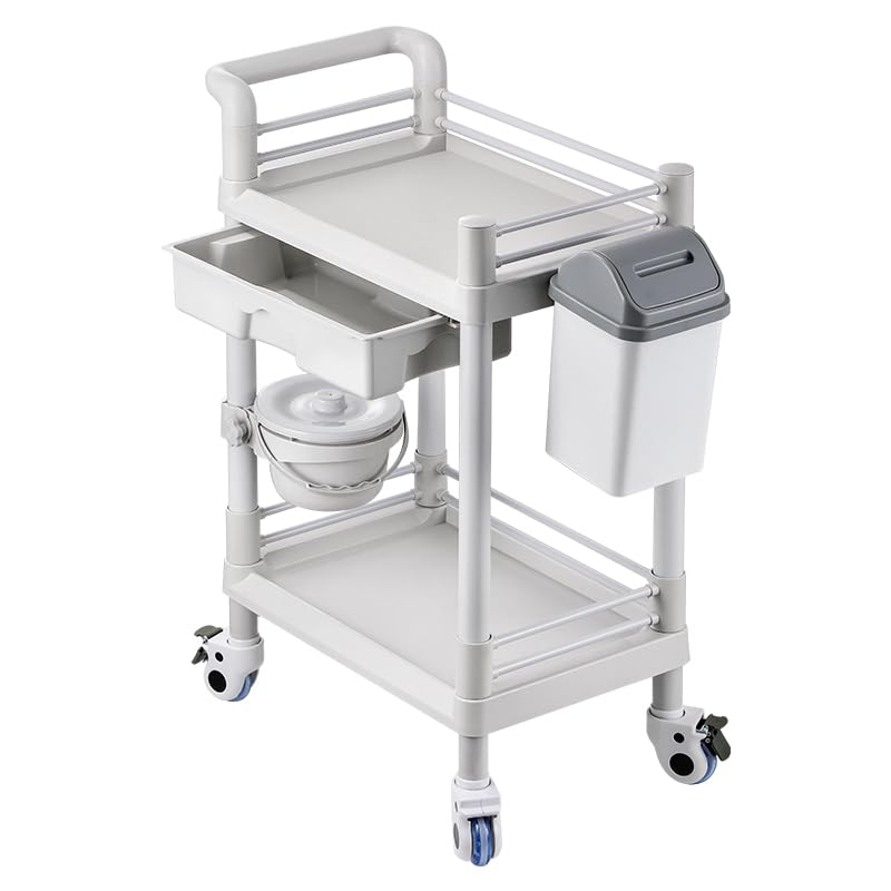 Mount Plus MT01 2 Tier Mobile Medical Cart Trolley with Drawer, Trash Cans, Waste Bowl | Beauty Salon Rolling Trolley with 360° Rotate Wheels | Heavy Duty Utility Cart for Hospital Dental Clinic
