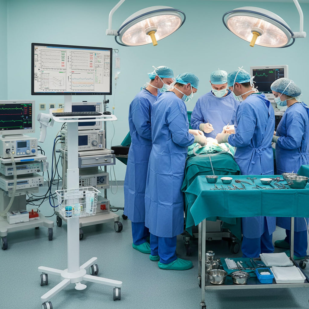 MB-C13-2 Lightweight Medical Trolley Cart for 17" to 32" Monitor with Keyboard Table, Basket, Scanner Holder for Hospital Clinic Dental Office Home Office | Height Adjustable Mobile Workstation