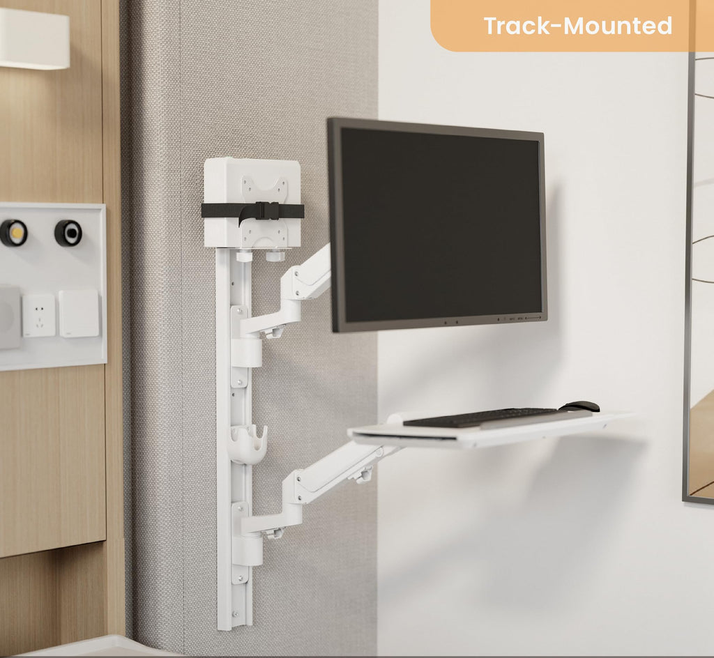 MED02 Medical Wall Mount Workstation with Folding Keyboard Tray | Large Sliding Mouse Pad | Height Adjustment Space Save Folding Design for 17"-35" Screen | Scanner Holder | Mini CPU Mount