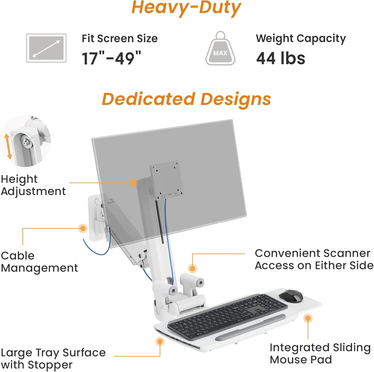 MED2H-C1  Heavy Duty Medical Wall Mount Workstation with Folding Keyboard Tray and Sliding Mouse Pad | Height Adjustment Space Save Folding Design for 17"-49" Screen Up to 44 lbs | Oral Scanner | Mini CPU
